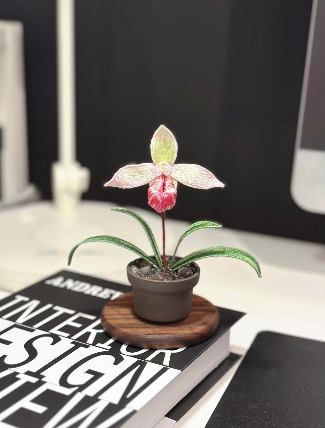 Handmade Embroidered Paphiopedilum Decor